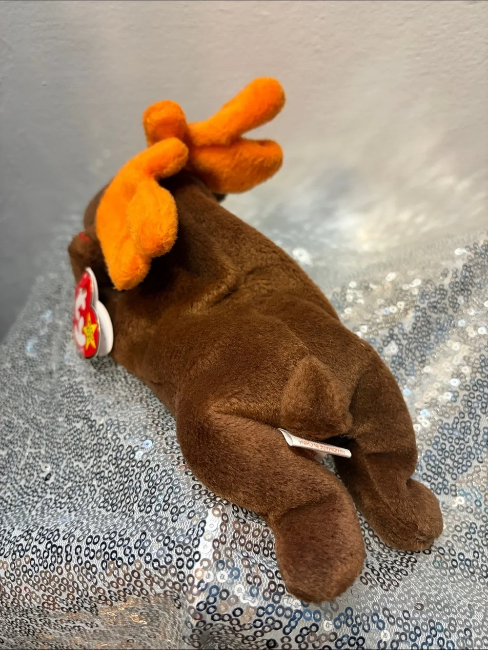 NWT Ty Chocolate the Moose Beanie Baby Plush with Bright Orange Antlers